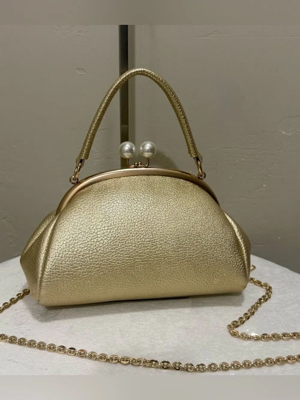 Gold Premium Lambskin Handmade "Pearl" Shaped Kisslock Clutch, Multi Use Style